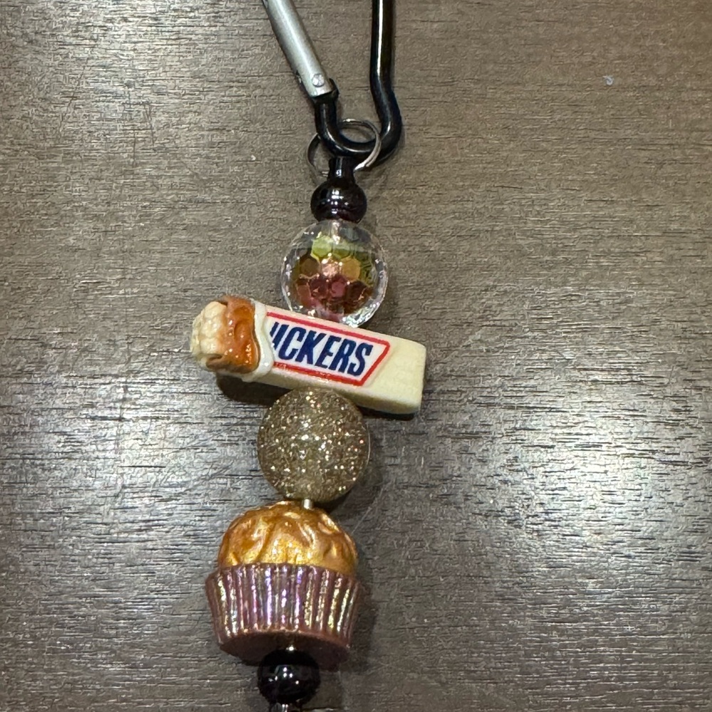 Snickers Charm Keychain with Gold and Brown Accents